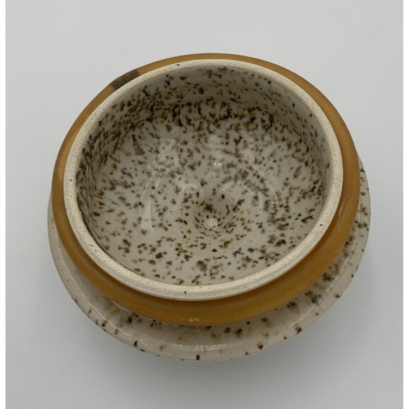 Vintage Art Pottery flour Jar with Lid white and blue strapes with brown dots - Picture 7 of 9